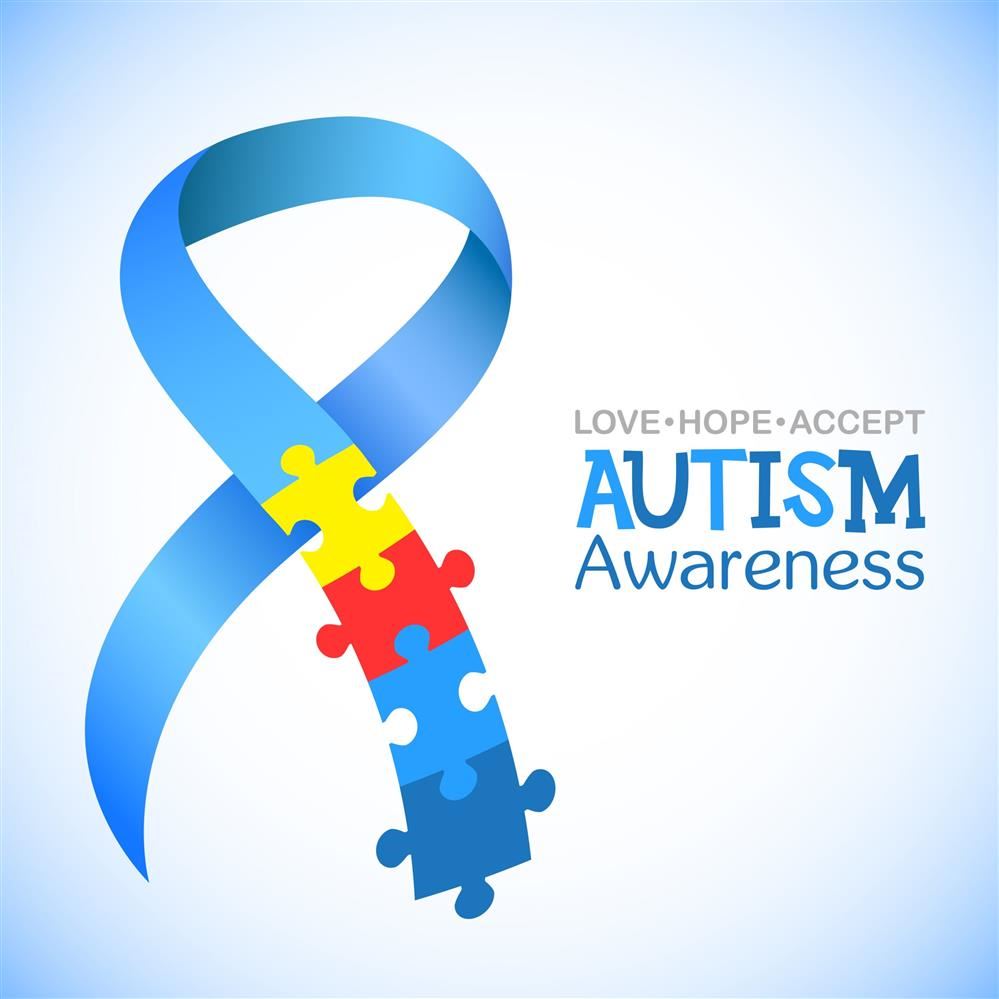  Love, Hope, Accept Autism Awareness in blue letters with blue ribbon and puzzle pieces on ribbon