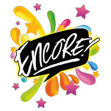  the word ENCORE with colorful paint splashes around it