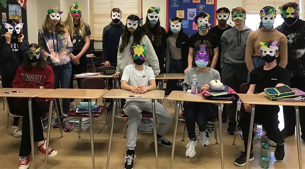 The CMS 8th grade French 1 class celebrated Mardi Gras by making masks.